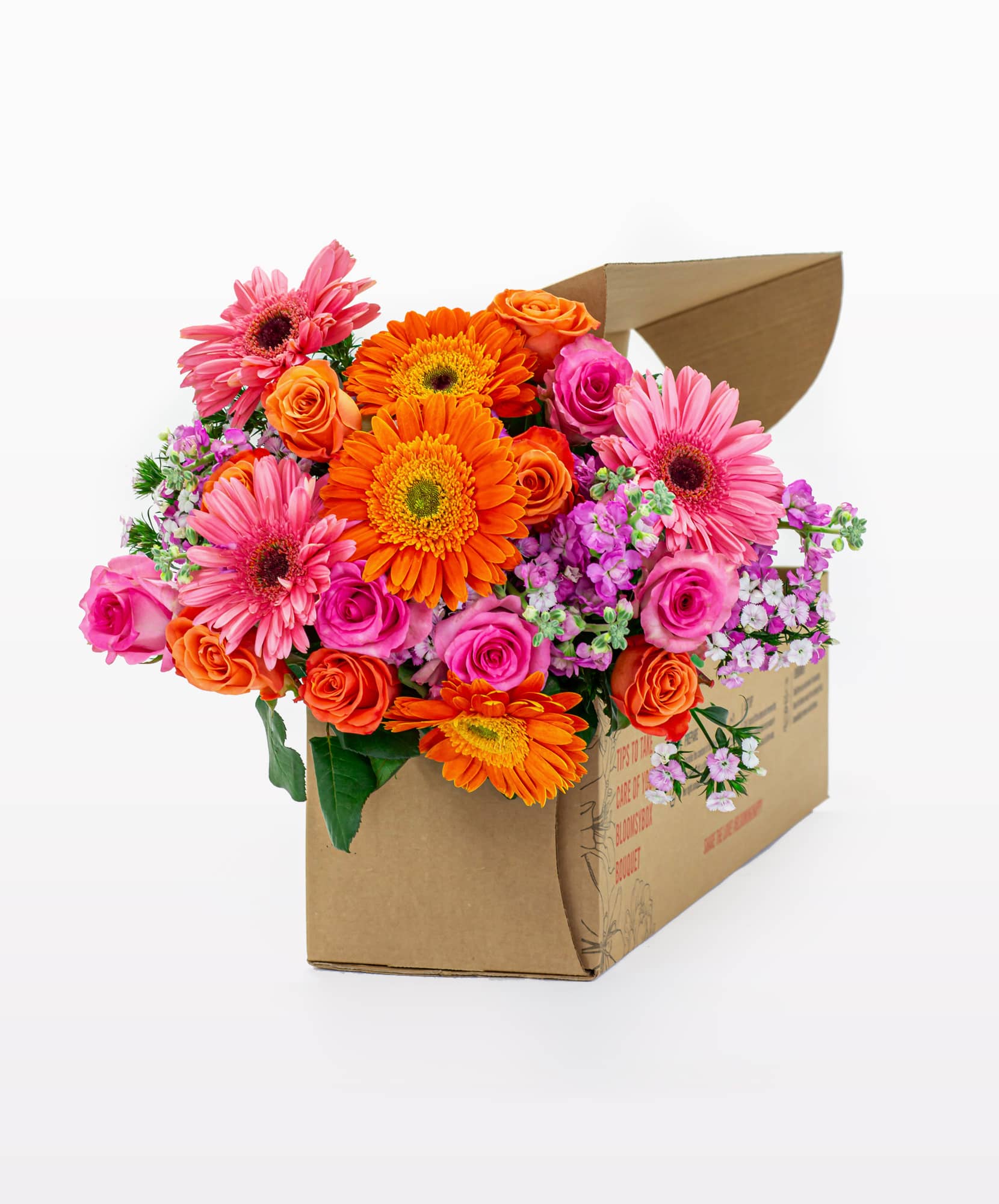 A stunning pet-safe floral arrangement of orange and hot pink roses and Gerbera daisies.