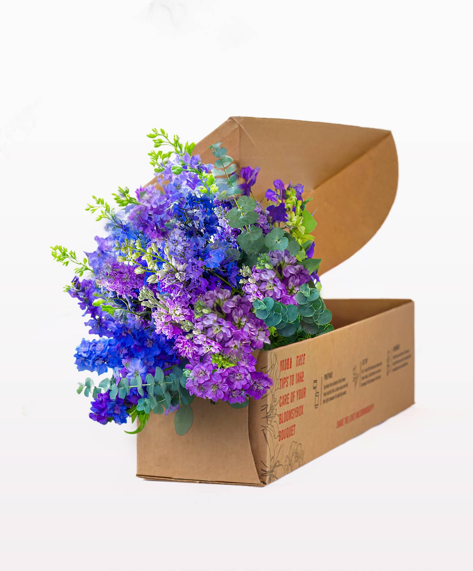 Vibrant bouquet of purple and blue flowers elegantly arranged in a stylish box.